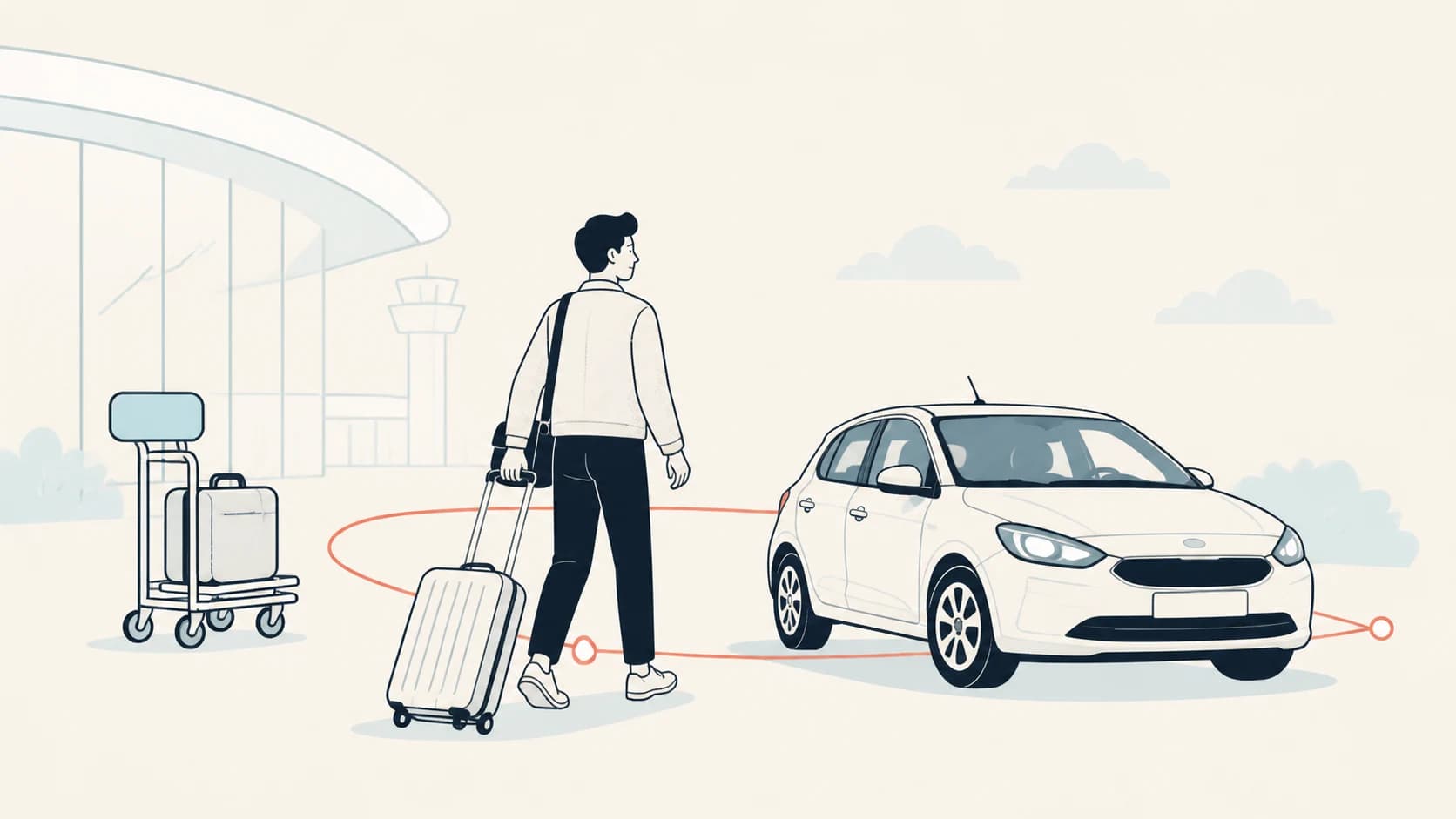 Reisender mit Koffer auf dem Weg zu seinem Mietwagen am Flughafen